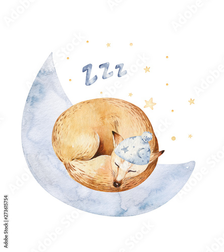 Cute dreaming cartoon fox animal hand drawn watercolor illustration. Sleeping charecher kids nursery wear fashion design, baby shower invitation card. photo