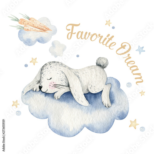 Cute dreaming cartoon animal hand drawn watercolor illustration. Sleeping charecher kids nursery wear fashion design, baby shower invitation card. © kris_art