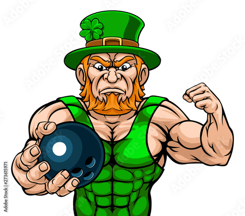 A leprechaun bowling sports mascot holding a ball