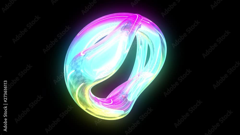 Neon 3d abstract object rotating like liquid form. 4k seamless loop animation footage.