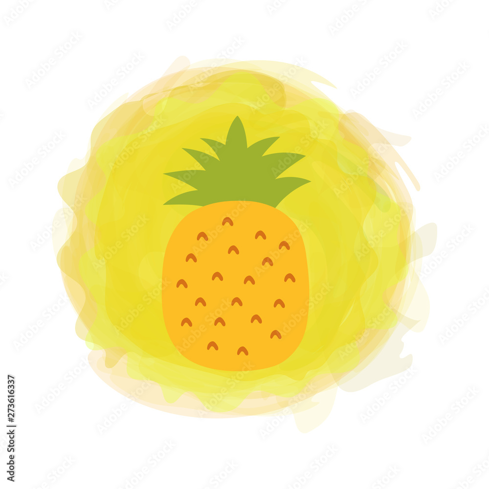 Pineapple exotic print. Sketch tropical fruit isolated on watercolor round background. Hand drawn doodle vector. Organic food label. Environmentally friendly product. Menu. Summer