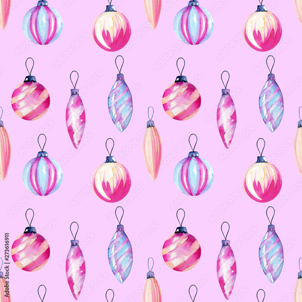 Seamless pattern of watercolor Christmas decorations, hand drawn on a pink background