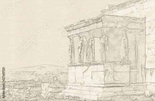 Sketch of ruins of ancient temple on Acropolis hill, Athens
