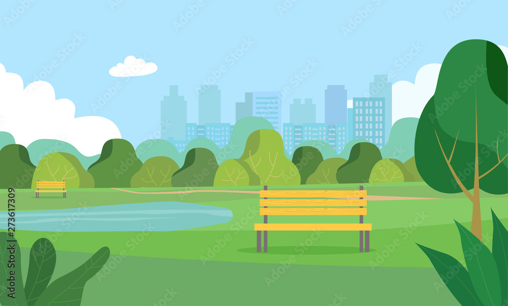 Landscape in city park .  Bench and lake. Vector flat style Illustration.