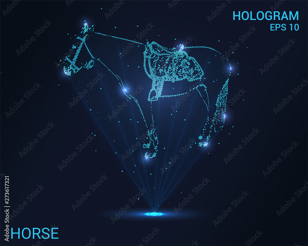 Hologram horse. Holographic projection of the horse. Flickering energy flux of particles. Scientific design horse riding.