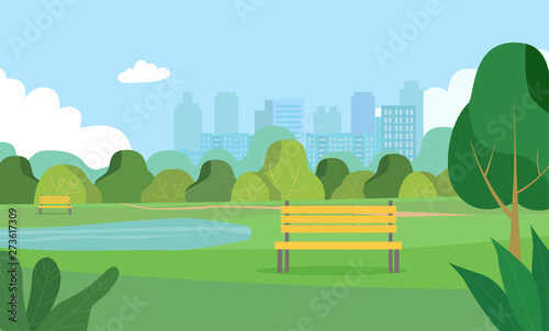 Landscape in city park . Bench and lake. Vector flat style Illustration.