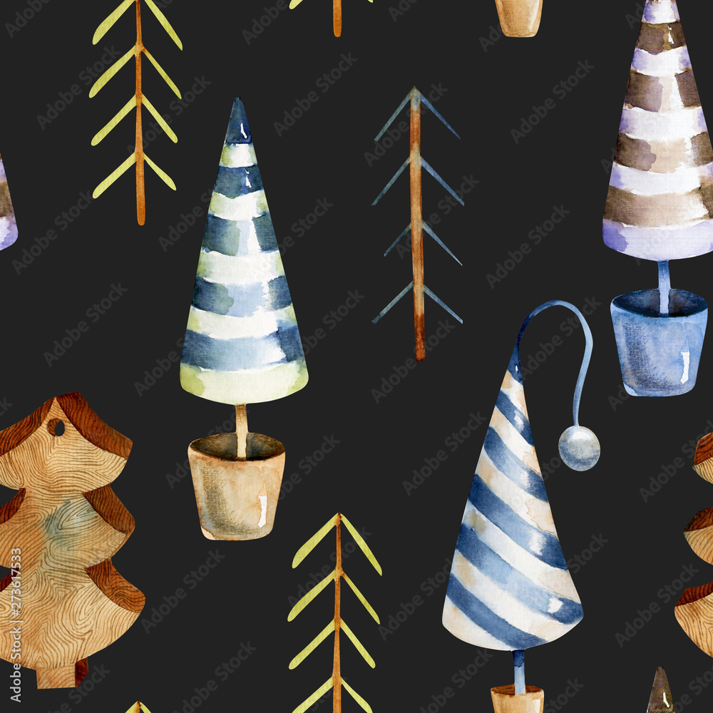Watercolor scandinavian Christmas tree seamless pattern, hand drawn on a dark background Watercolor scandinavian Christmas tree seamless pattern, hand drawn on a dark background