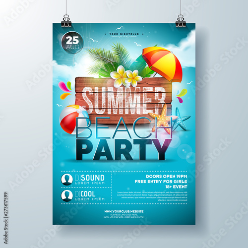 Vector Summer Beach Party Flyer Design with Flower, Palm Leaves and Starfish on Ocean Blue Background. Summer Holiday Illustration with Vintage Wood Board, Tropical Plants and Cloudy Sky for Banner