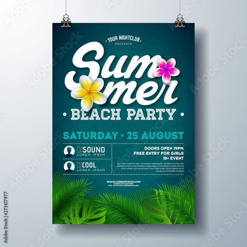 Vector Summer Beach Party Flyer Design with Flower and Tropical Palm Leaves on Blue Background. Summer Holiday Illustration with Exotic Plants and Typography Letter for Banner, Flyer, Invitation or