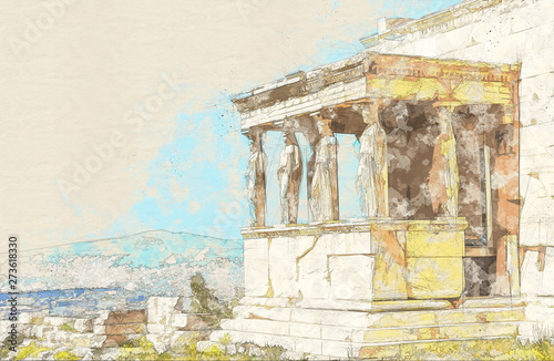 Sketch of ruins of ancient temple on Acropolis hill, Athens
