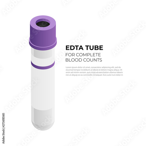 EDTA tube vacutainer for complete blood counts in isometric design, vector illustration isolated on white background. Vacuum tube with purple cap infographic element, blood tube isometric icon.