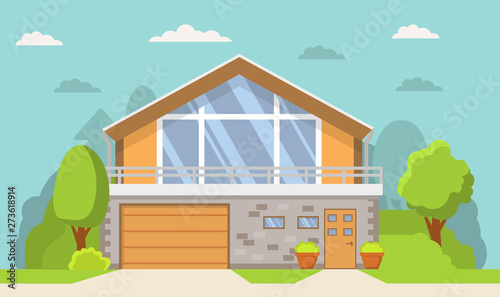 Modern suburban house.Family home.Townhouse building apartment.Home facade with garage.Flat vector.Rural housing village.