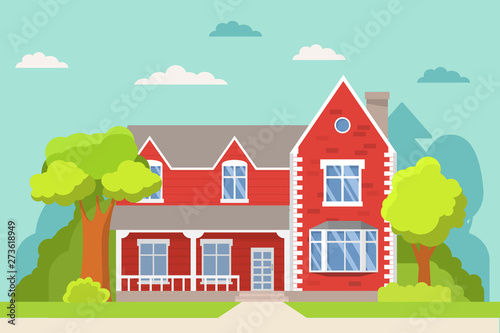 Private house.Landscape the wood with trees.Residential home.Family home.Townhouse building apartment.Flat vector.Rural housing village.