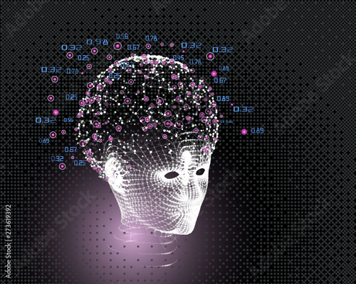 Womans head grid and big data concept. Abstract artificial intelligence background. Machine learning aesthetic design. Polygonal head side view and numbers.
