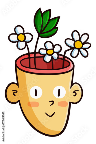 Funny and cute man head filles with flowers.
