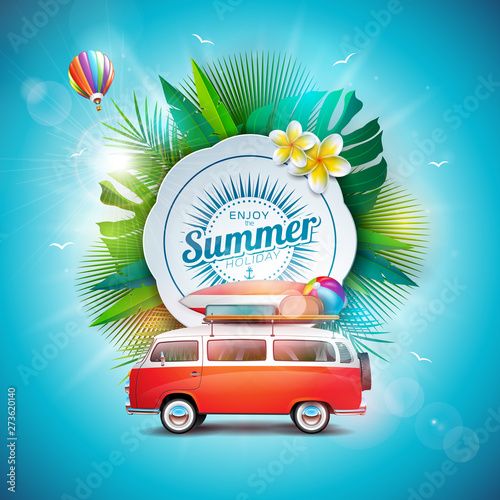 Vector Summer Time Holiday Illustration with Typography Letter on Vintage Wood Board Background. Tropical Plants, Flower, Beach Ball and Sunshade on Paradise Island for Banner, Flyer, Invitation