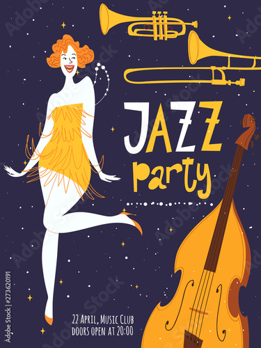  Jazz party invitation or poster template with dancing lady