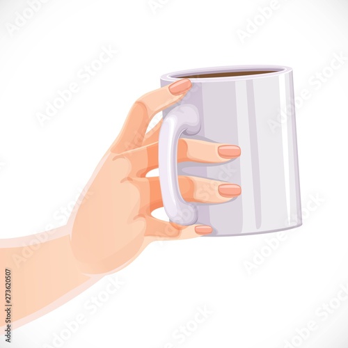Female hand holding white ceramic drink cup isolated on white background