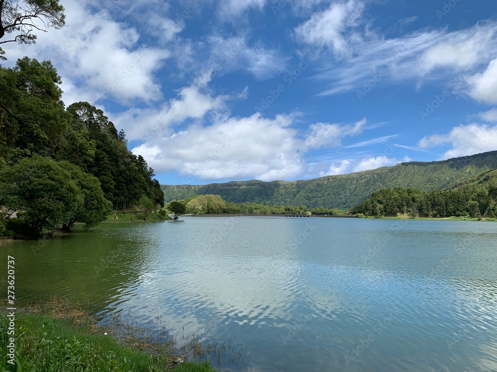 lake in deep forest on São Miguel island, Azores, Portugal near Sete Cidades