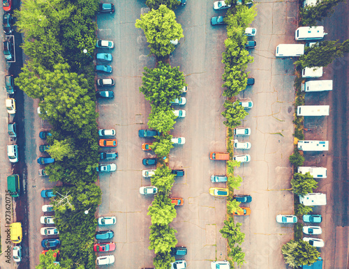 Aerial view of a car park and street