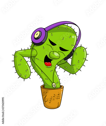 Cute happy cactus character is listening to music with headphones, dancing and singing, isolated on white background. Funny happy plant character. Cartoon vector Illustration.