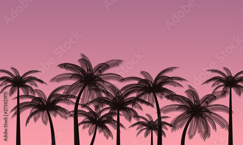 Palm trees against the pink sky. Landscape of a tropical island. Romantic sunset. 3d rendering