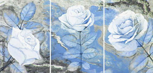 Collection of designer oil paintings. Decoration for the interior. Modern abstract art on canvas. Set of pictures with different textures and colors. White rose.