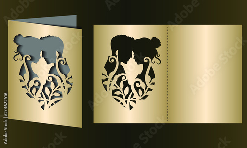 Laser cut template of wedding invitation card with bride, groom, flowers. Fold vector silhouette. Couple in love, faces in profile at Valentine's day. Panel for wood carving, paper cut, die cut stamp.