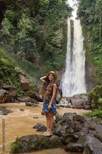  Woman near waterfal Git Git on Bali  Indonesia  