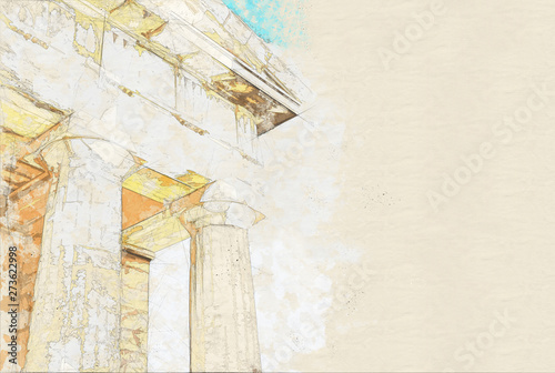 Watercolor sketch of ruins ancient temple on Acropolis hill, Athens, Greece, Europe