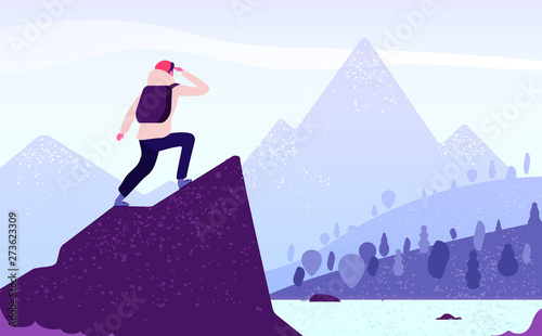 Man in mountain adventure. Climber standing with backpack on rock looks to mountain landscape. Tourism nature journey vector concept. Adventure mountain, mountaineering tourism, trekking illustration