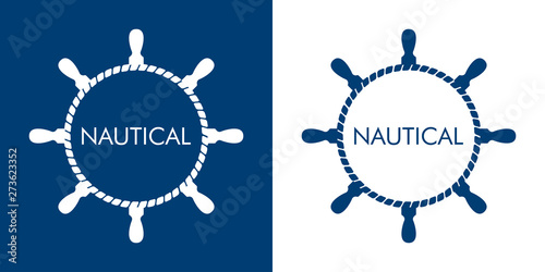 Logotipo abstracto con texto NAUTICAL en timón de cuerda en azul y blanco