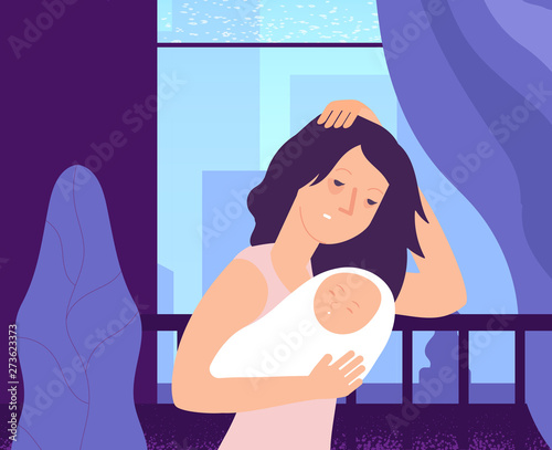 Depressed woman and newborn. Sleepy tired young mom holding crying baby at crib, female in anxiety mood. Motherhood vector concept. Illustration of motherhood frustration, postpartum period