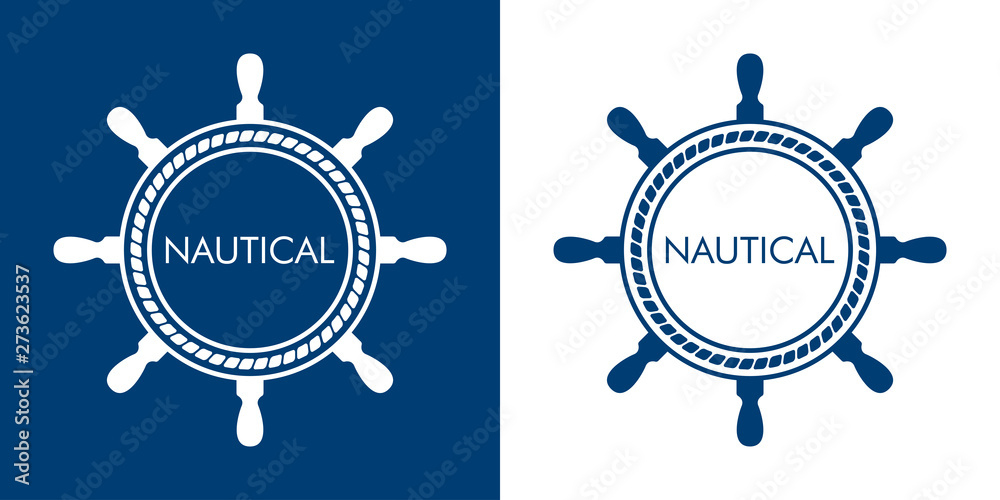 Logotipo abstracto con texto NAUTICAL en timón y cuerda en azul y blanco