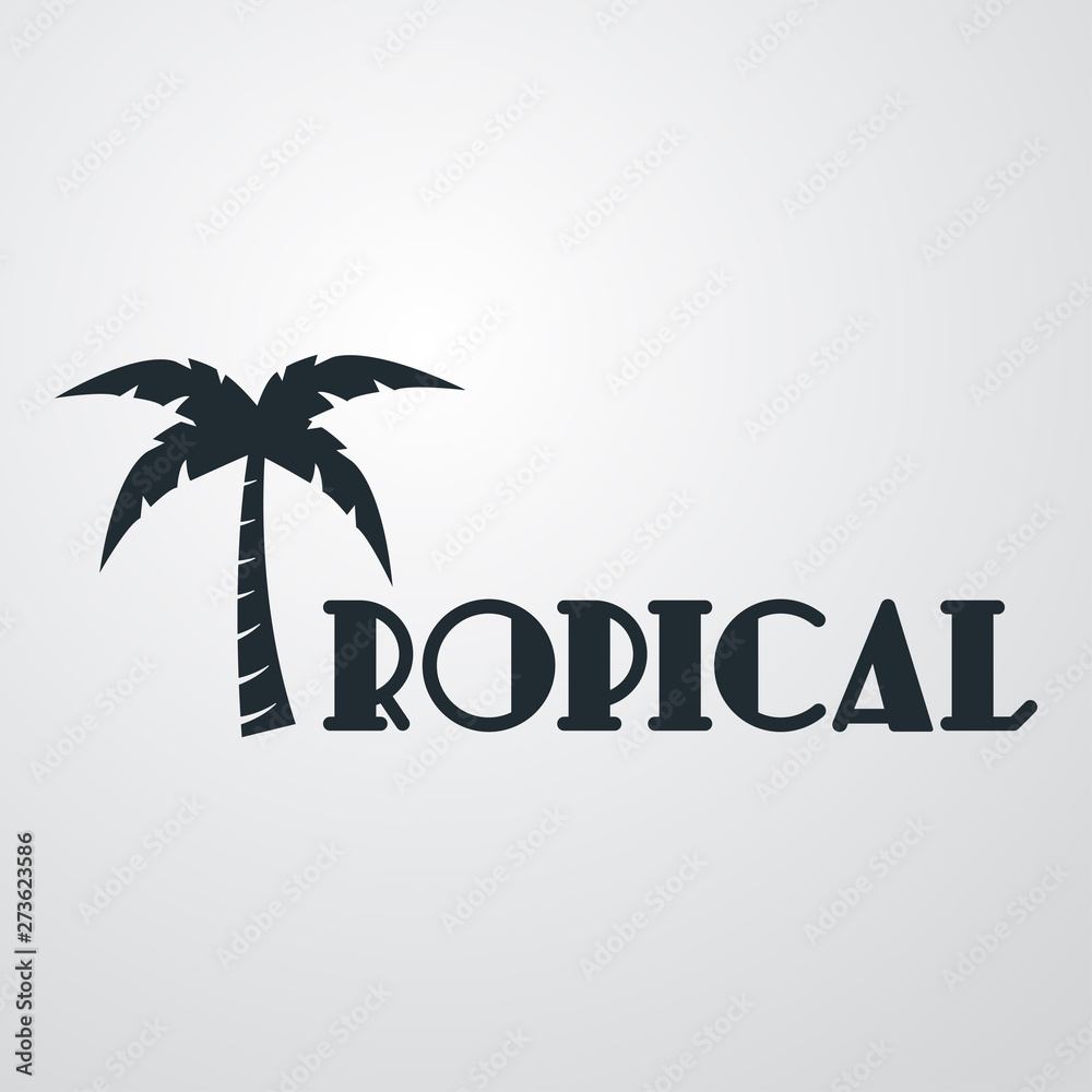 Logotipo abstracto con texto TROPICAL con palmera en fondo gris