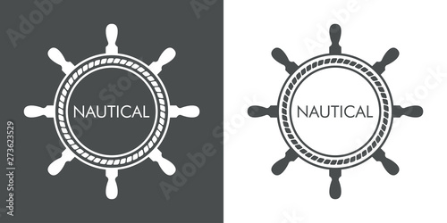 Logotipo abstracto con texto NAUTICAL en timón y cuerda en gris y blanco