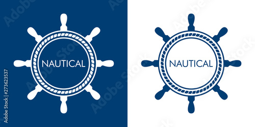 Logotipo abstracto con texto NAUTICAL en timón y cuerda en azul y blanco