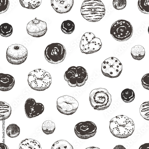 Seamless pattern of hand-drawn set glazed donuts on white background, vector illustration.