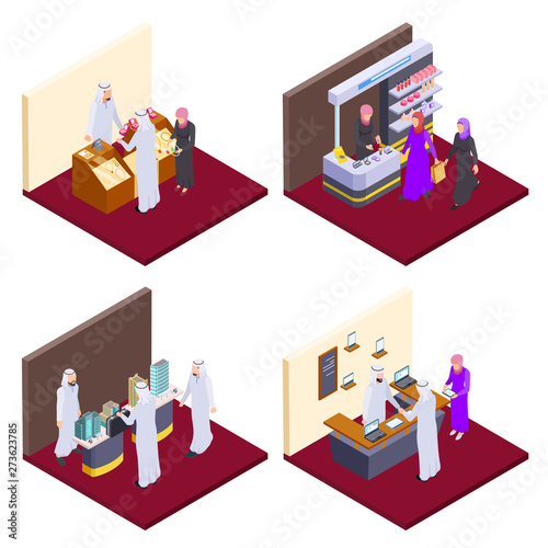 Arab 3d people, isometric arabs shopping vector concepts. Illustration of arabic buy jewelry and cosmetics
