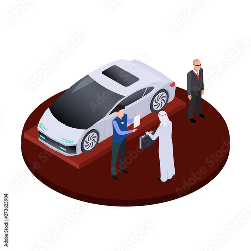 Isometric arab man buys modern electric car vector concept. Luxury auto salon illustration. Arabic man buy car, isometry transport sale