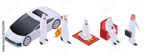 Muslim isometric. Arab 3d people, saudi businessmen in traditional clothes. Arabian isolated vector characters. Illustration of saudi muslim and arabian people, businessman traditional arabia