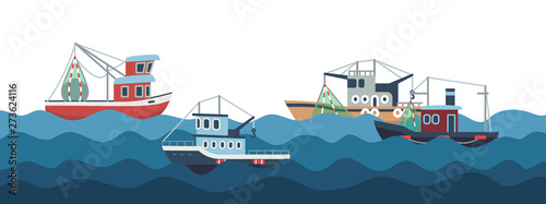 Sail and fishing boats in ocean waves vector illustration. Fishing boat and nautical transport, fish industry