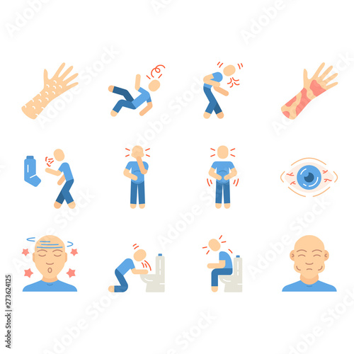 Allergy symptoms flat design long shadow color icons set
