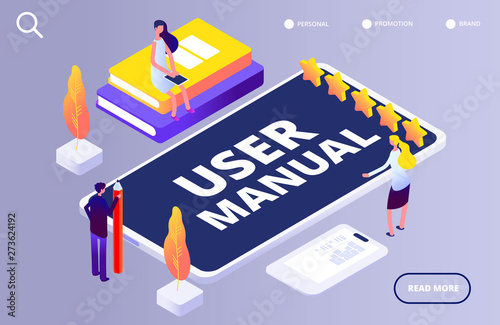 User manual concept. People with guide instruction on smartphone app vector illustration. Digital touchscreen device, instruction smart phone 3d isometric