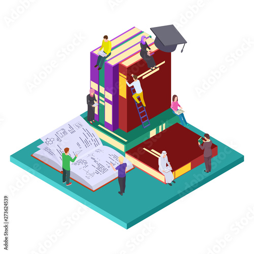 Library, education vector isometric concept. Illustration of students and books, self education. 3d self-learning and education, people read books