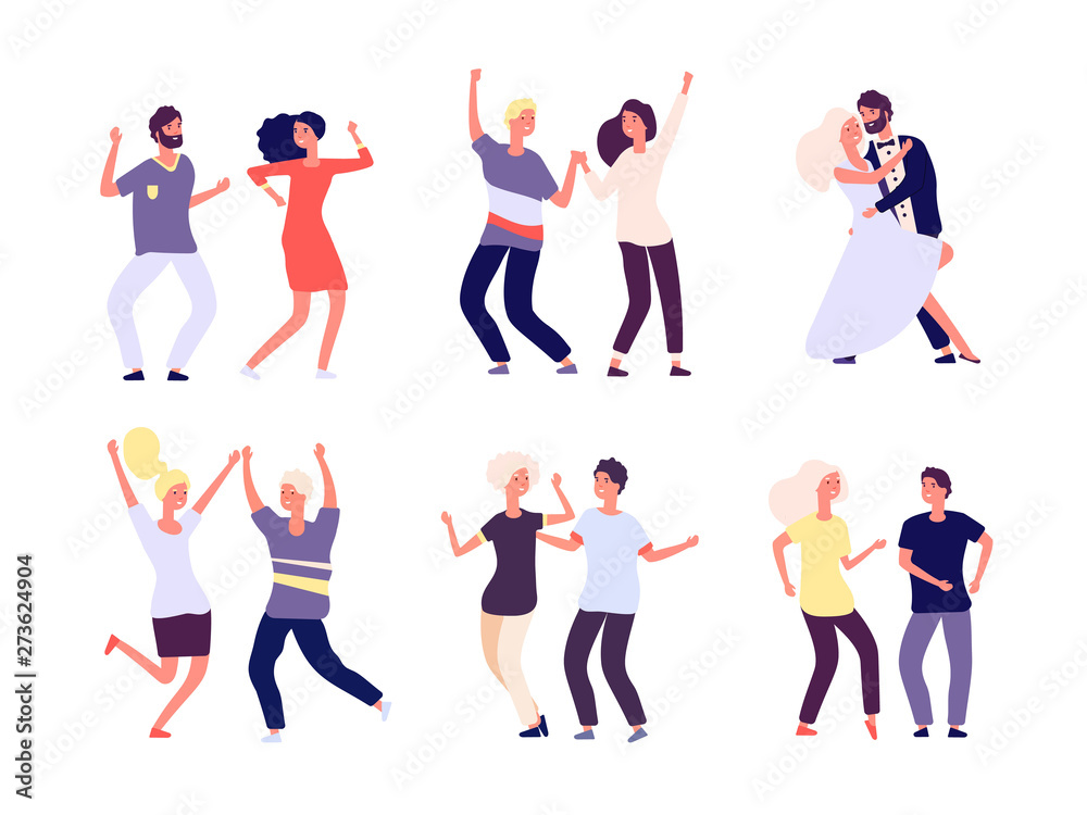 Dancing couples. Happy persons dance salsa, tango adult woman man dancers in love. Party crowd fun isolated vector cartoon characters. Party couple dance, dancer performance, disco people illustration