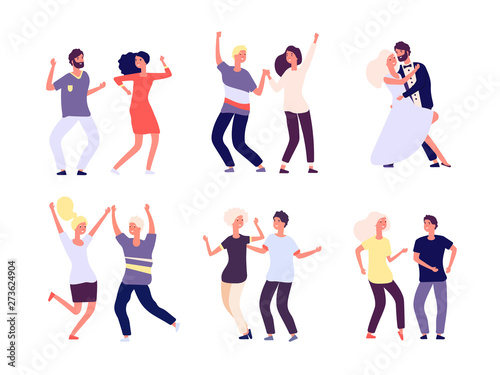 Dancing couples. Happy persons dance salsa, tango adult woman man dancers in love. Party crowd fun isolated vector cartoon characters. Party couple dance, dancer performance, disco people illustration