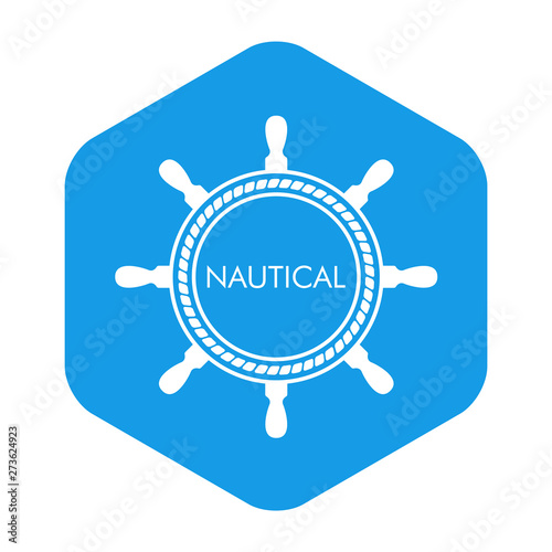 Icono plano abstracto con texto NAUTICAL en timón y cuerda en hexágono color azul
