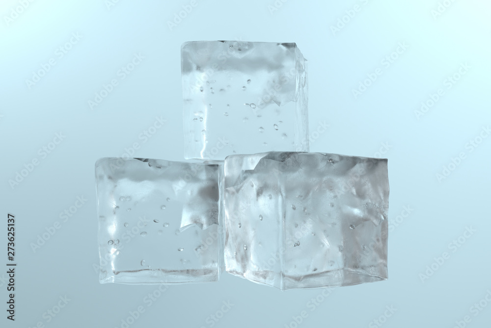 Pile of 3 blue ice cubes isolated on a white table Pile of 3 blue ice cubes isolated on a white table