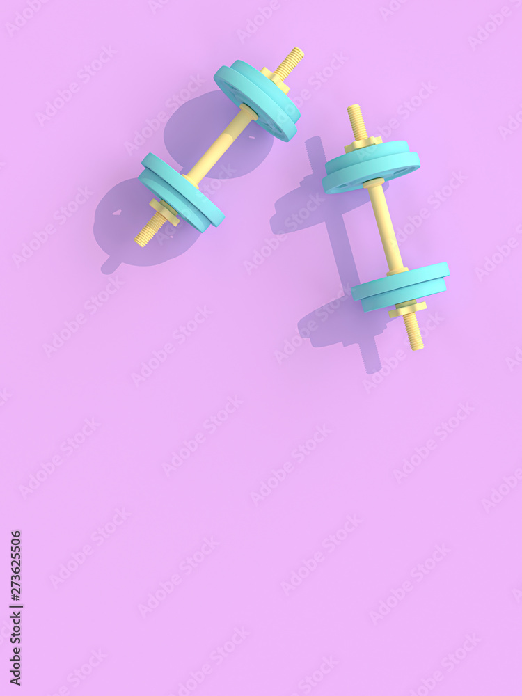 yellow and blue dumbbells on violet background. yellow and blue dumbbells on violet background.